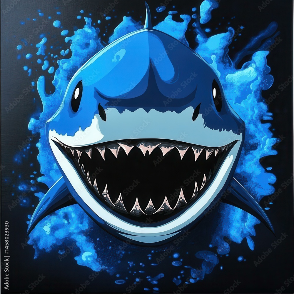 Naklejka premium Cartoon great white shark with big teeth and a splash of blue water surrounding the cartoon shark art illustration