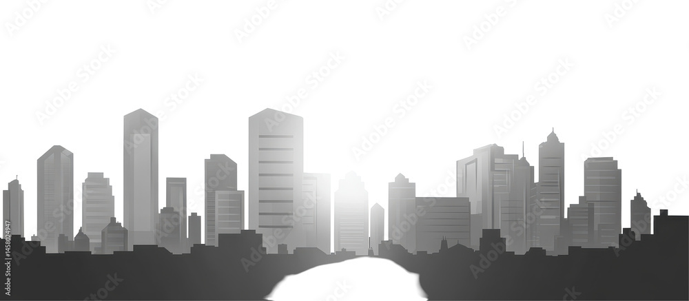 Naklejka premium Grayscale, stylized illustration of a city's skyline at night. Buildings are simple shapes against a black background.