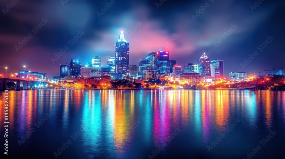 Fototapeta premium City Skyline at Night with Reflections