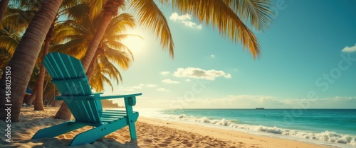 Tranquil turquoise wooden beach chair on tropical beach, sunny sky and palm trees, relaxing coastal scene