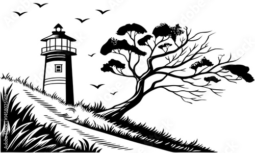 Intricate black & white illustration of a lighthouse on a grassy hill with a winding path. Bare trees, birds flying and perched, detailed textures, strong contrast, and a peaceful, serene scene.