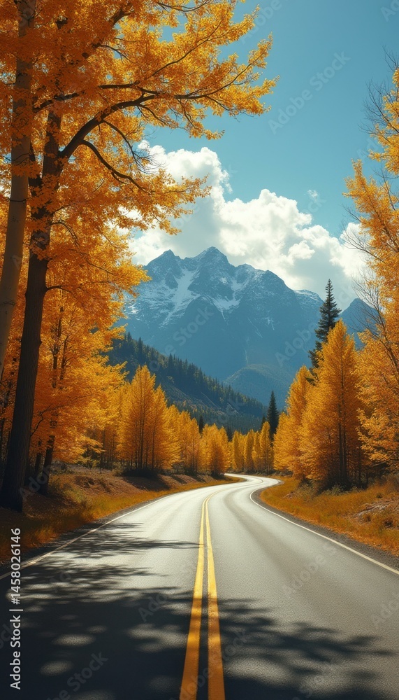 Naklejka premium Winding Road Through Golden Autumn Forest Landscape Towards Distant Mountains