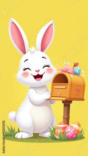 Easter bunny character happily checking mailbox with colorful eggs on yellow background for spring marketing campaign or holiday greeting card with copy space for text