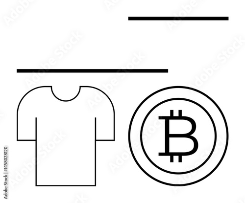 T-shirt icon next to Bitcoin coin symbol with horizontal lines. Ideal for fashion, cryptocurrency, modern retail, minimalism, blockchain, e-commerce, tech design. Flat simple metaphor