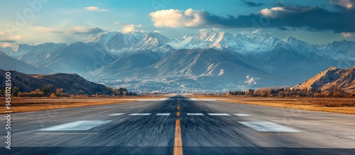 Airport Runway Leading to Snow-capped Mountains