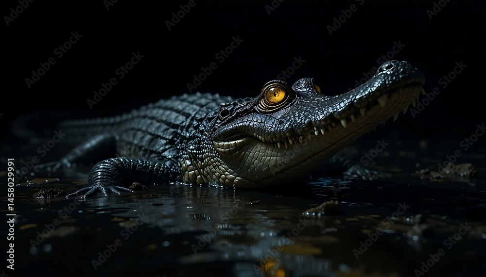 Fototapeta premium a (Crocodile), yellow glowing eyes, macro, Primordial, highly focused, in the dark night, lurking in dark water in a hunting position,