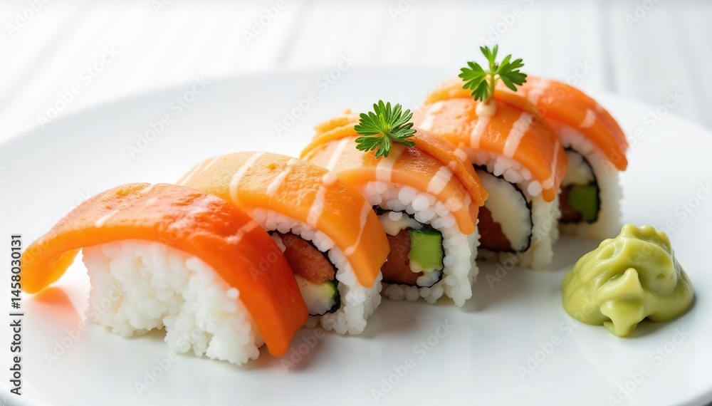 Various sushi rolls, neatly arranged on white background, food, lunch Various sushi rolls, neatly arranged on white background, food, lunch