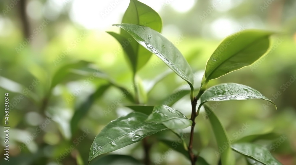Obraz premium Fresh Green Tea Leaves with Water Droplets in a Lush Garden Setting Close Up View
