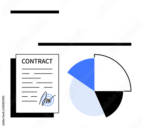 Contract paper with signature next to a divided pie chart highlighting data insights. Ideal for business, agreement, legal, data analysis, finance, teamwork, strategy concepts. Flat simple metaphor