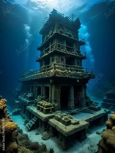 Underwater volcanic ruins, petrified structures, hydrothermal vents, deep sea creatures, dramatic lighting through ocean depths