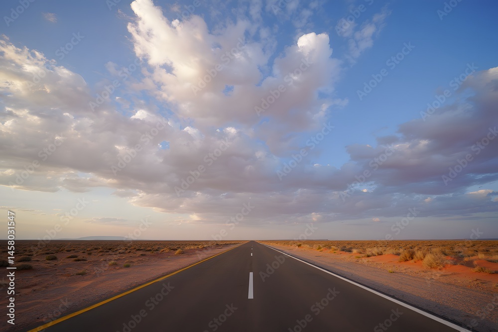 Naklejka premium Asphalt desert highway road. scenic route under cloudy sky landscape view