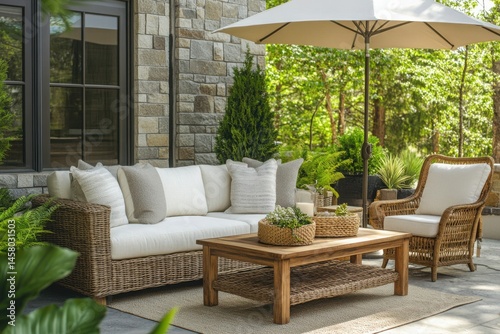 Patio furniture set arrangement on a white background
