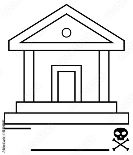 Pillared structure representing authority with juxtaposed skull and crossbones sign. Ideal for themes of law, justice, crime, danger, warning, corruption, consequences. Minimal flat simple metaphor