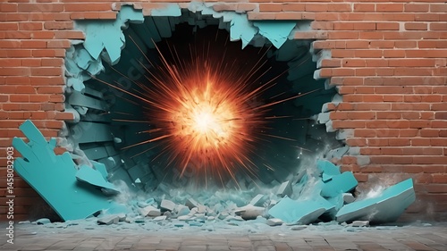 Brick Wall with Explosion Creates Hole