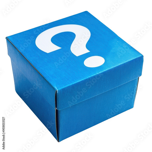 Blue mystery box with question mark isolated on transparent background. 3D rendering.