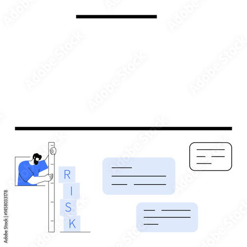 Person examines blocks labeled risk while monitoring data analysis. Ideal for risk management, business strategy, decision-making, assessment, research, workflow, simple landing page