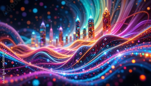 A vibrant and abstract design with swirling lines and colorful patterns, creating a psychedelic and artistic visual of city