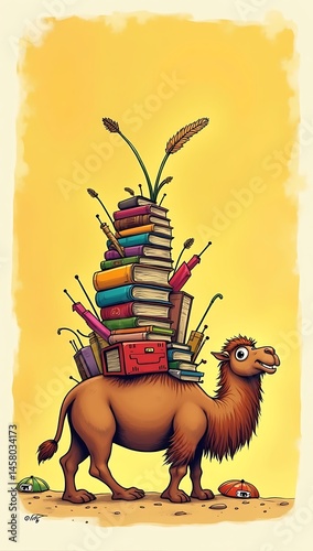The straw that broke the camel’s back” illustrated — an overloaded cartoon camel carrying absurdly stacked items, with a single straw falling from above photo