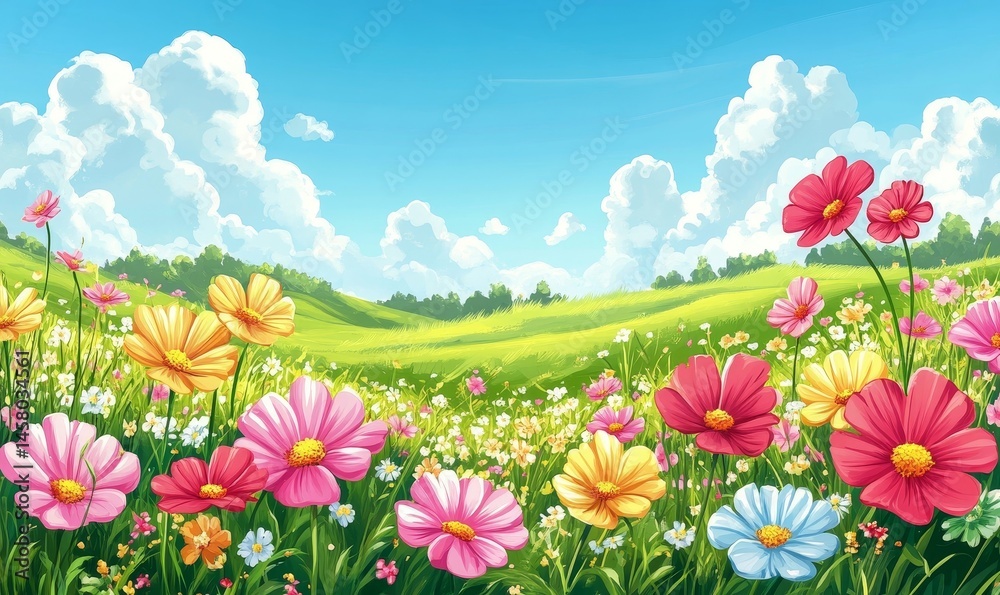 Fototapeta premium Breezy Meadow with Colorful Flowers, Generative AI