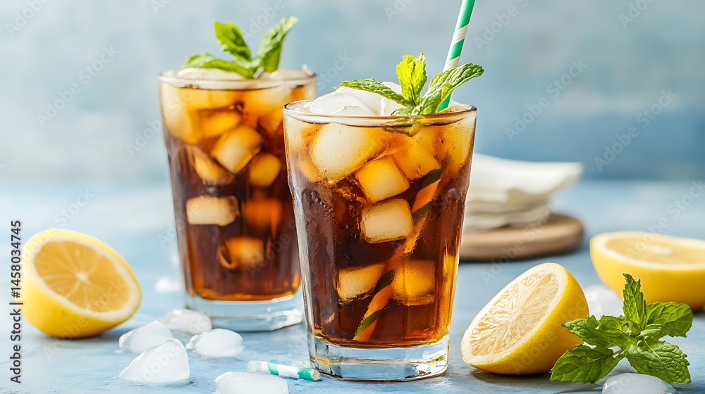 Fototapeta premium Iced tea refreshment with lemon wedges and mint garnish, vibrant still life