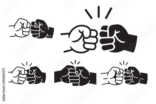 Simple, black and white graphic illustration of various pairs of hands in a fist bump gesture. Diverse Hands in Fist Bump - Unity and Teamwork Illustration