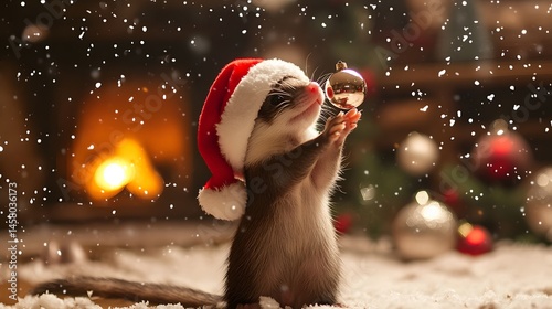 Fototapeta Naklejka Na Ścianę i Meble -  Festive rodent in santa hat holding christmas ornament.