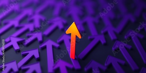 Orange arrow leading purple arrows illustrating leadership growth and success on a dark background