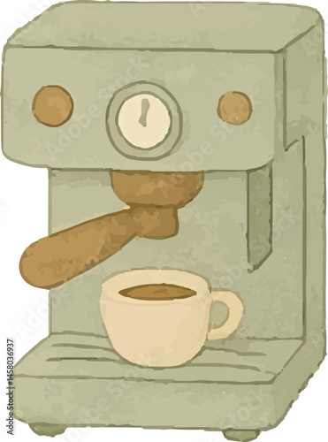 A vintage espresso machine with a warm beige color, serving a fresh cup of coffee, capturing the essence of a classic coffee shop experience