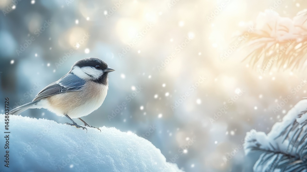 Obraz premium A black-capped chickadee sits in snow, bokeh lights creating a magical feel. Ideal for winter holiday cards, seasonal greetings, or nature themes.