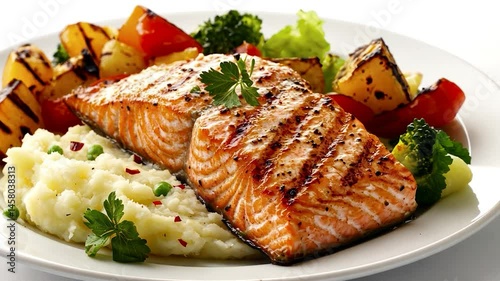 Grilled salmon with roasted vegetables and mashed potatoes