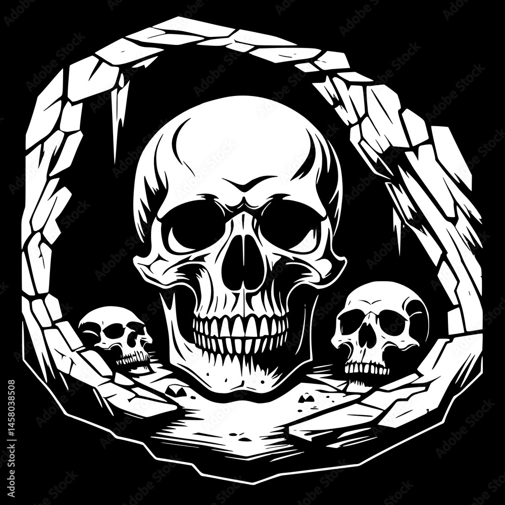 black and white skull with crossed arms. illustration