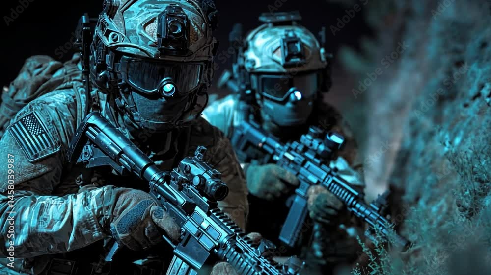 Silent Guardians: Two heavily-geared operatives move stealthily through a dimly lit, natural setting, exuding an air of disciplined vigilance with their modern weaponry. Silent Guardians: Two heavily-geared operatives move stealthily through a dimly lit, natural setting, exuding an air of disciplined vigilance with their modern weaponry.