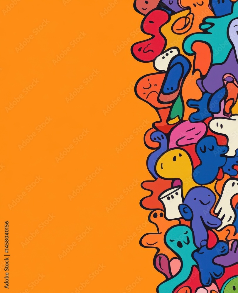 Fototapeta premium Colorful abstract doodles on orange background, showcasing vibrant and playful artistic design.