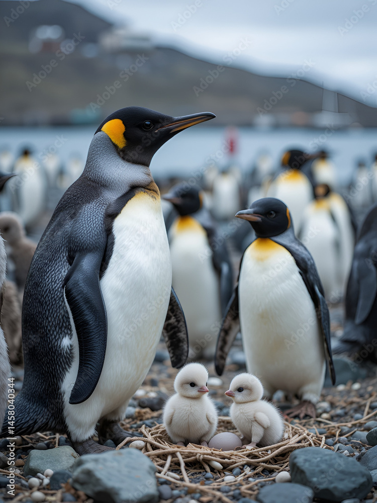 Fototapeta premium Gentoo penguins and rookery with chicks and eggs in port Stanley Falklands