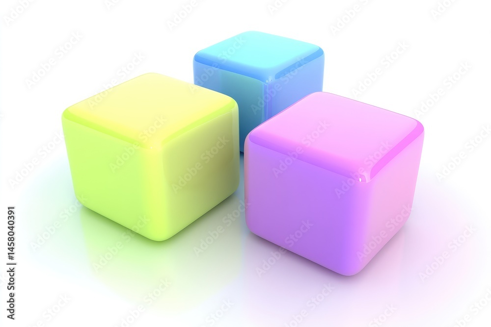Three colorful glossy cubes arranged Three colorful glossy cubes arranged