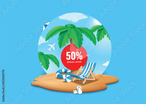 summer sale ,red circular promotion tag label with 50% off special offer text is attached to coconut tree against background of sky and sunlight. In front of it are swimming equipment and beach chairs
