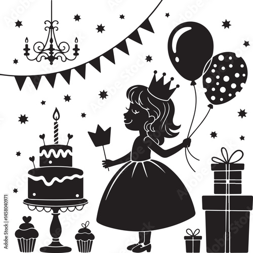 Silhouette Birthday Celebration Girl with Balloons, Cake, and Gifts