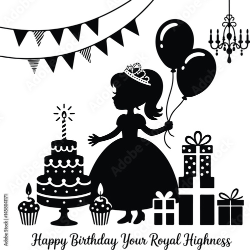 Silhouette Birthday Celebration Girl with Balloons, Cake, and Gifts
