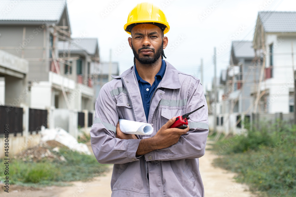 Black construction workers look at construction plans and operations to ensure they meet construction standards.
