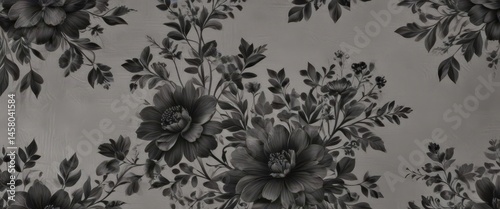 Intricate small charcoal florals on seamless wallpaper, refined details,  monochrome,  charcoal