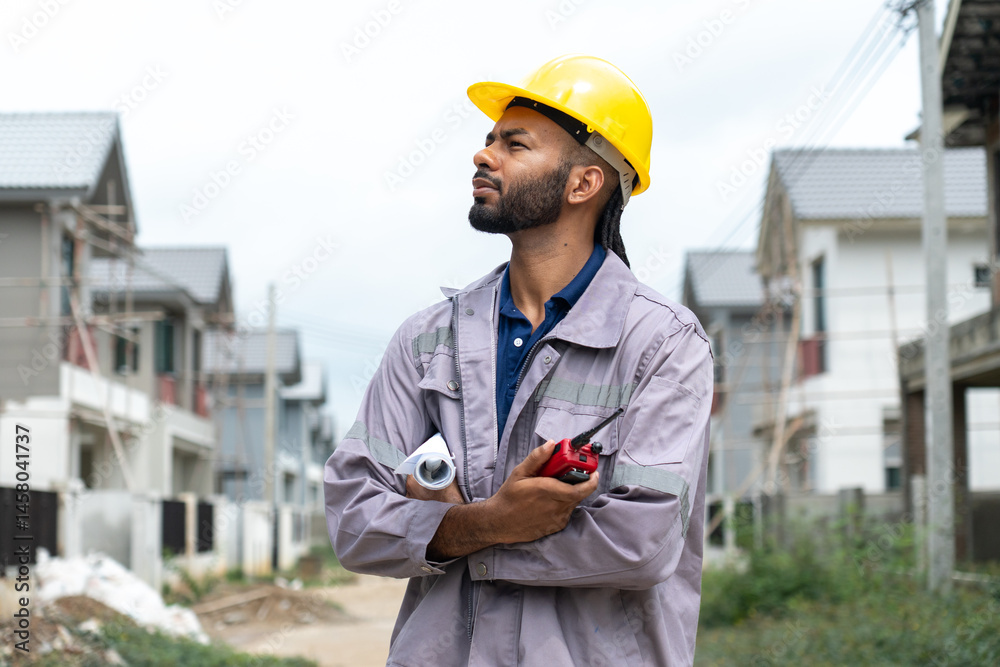 Black construction workers look at construction plans and operations to ensure they meet construction standards.