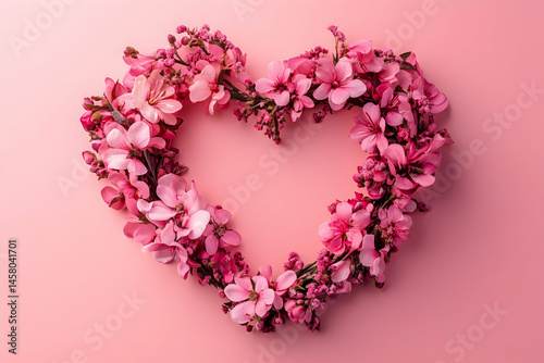 A heart shape made of pink flowers against a pink background.