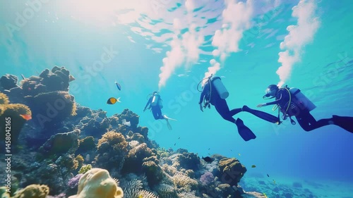 サンゴ礁を潜るスキューバダイビングの風景