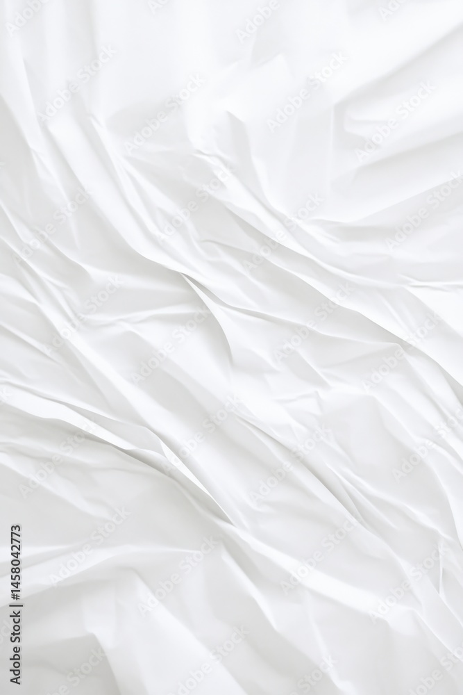 Fototapeta premium Crumpled white paper texture background, showcasing folds and wrinkles in a soft light setting.