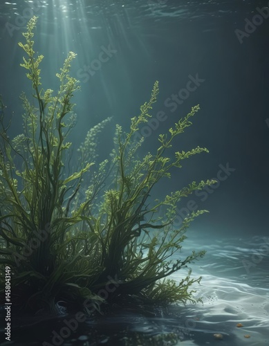 Flowing seaweed dances with gentle waves, ethereal underwater scene , marine, visuals