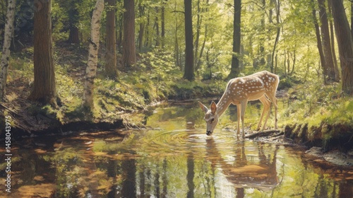 A young deer drinks from a sunlit forest stream, surrounded by lush greenery and tall trees. photo