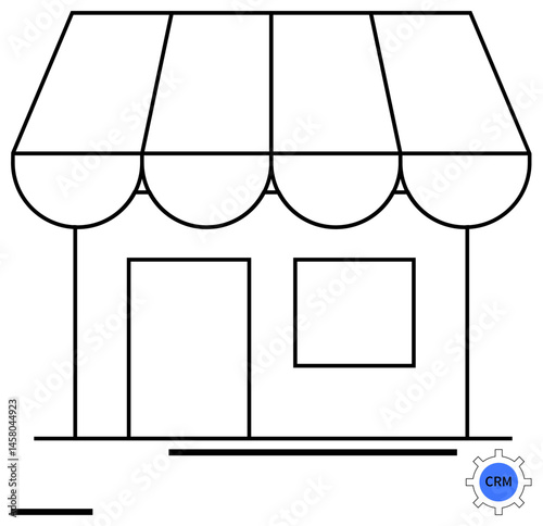 Shopfront with striped awning, door, window, and CRM cogwheel element. Ideal for business, retail, local store management, e-commerce, customer engagement marketing simple landing page