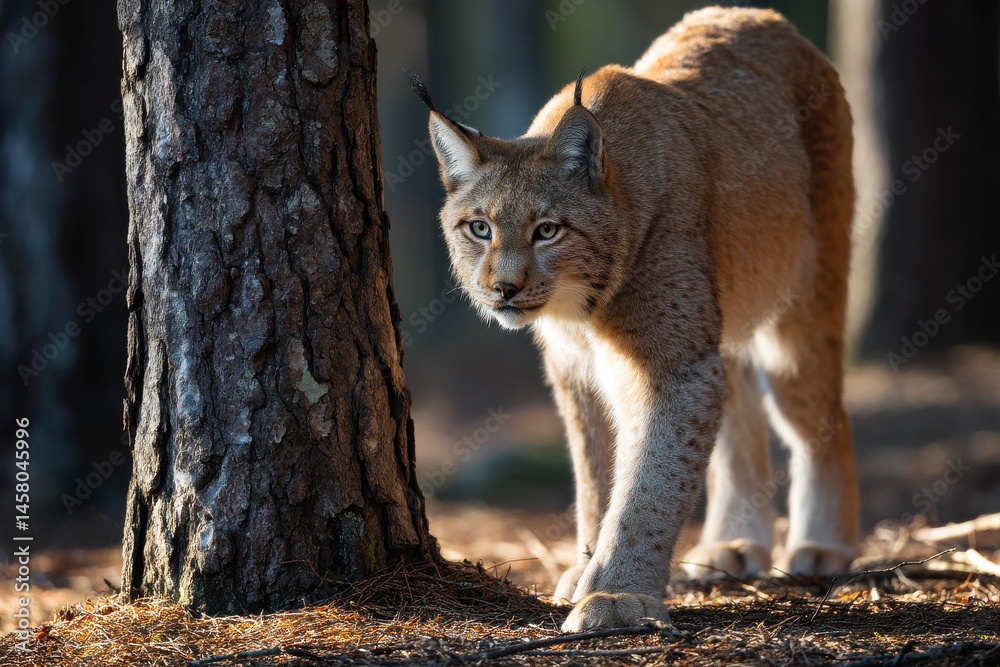 Fototapeta premium Lynx Pretending to Be Tree Shadow in Forest Clearing