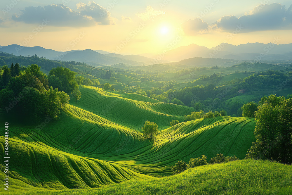 Fototapeta premium Beautiful Valley Landscape with Rolling Hills and Sunlit Mountains