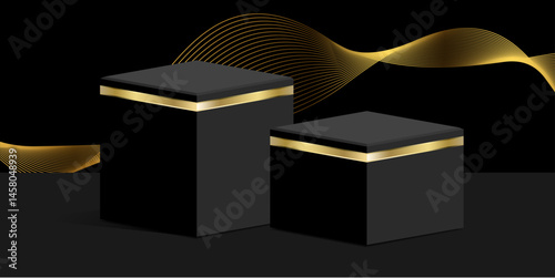 Elegant 3D luxury podium vector featuring dynamic lighting and gold accents. Ideal for premium product displays, branding, and modern promotional visuals.